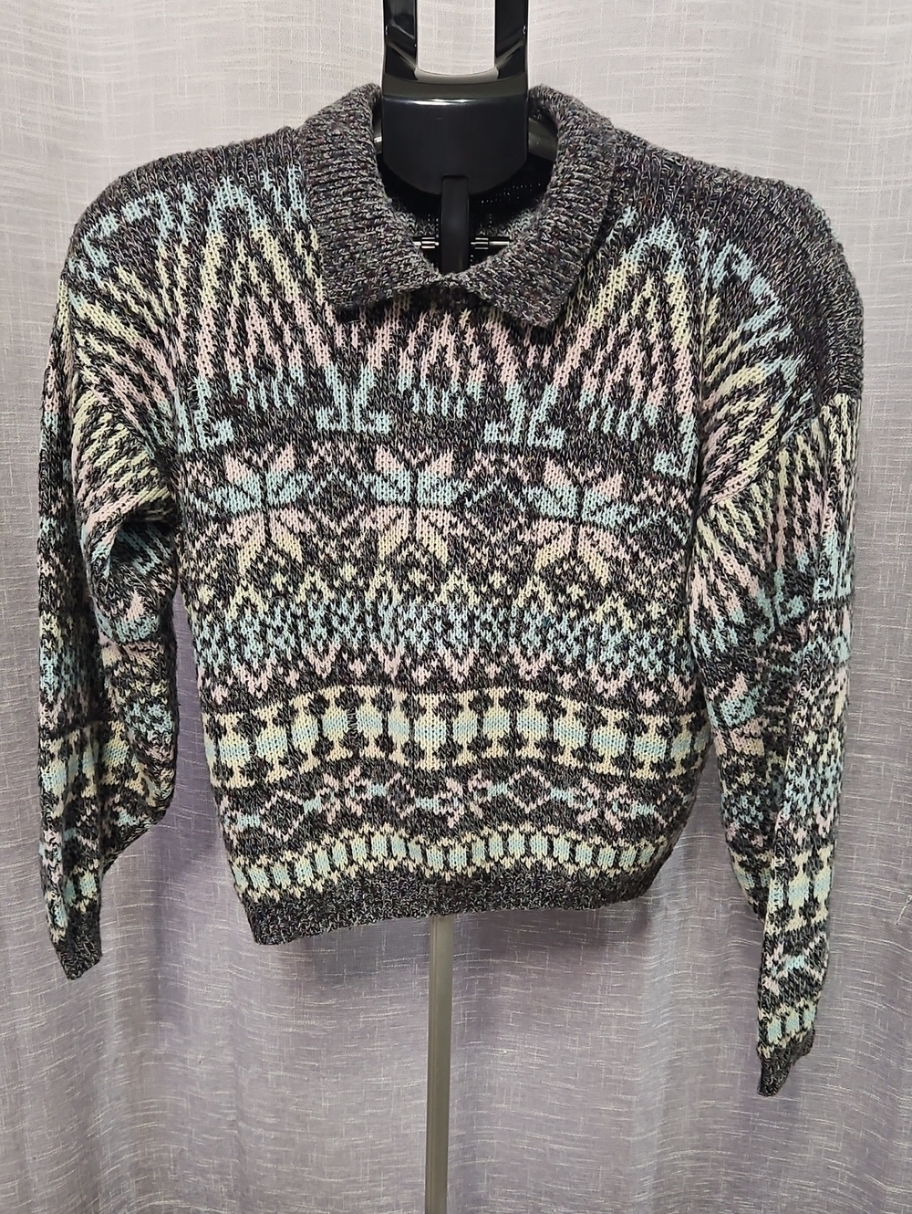 Vtg 80s Croquet Club Pastel Nordic Fair Isle Collared Crop Sweater